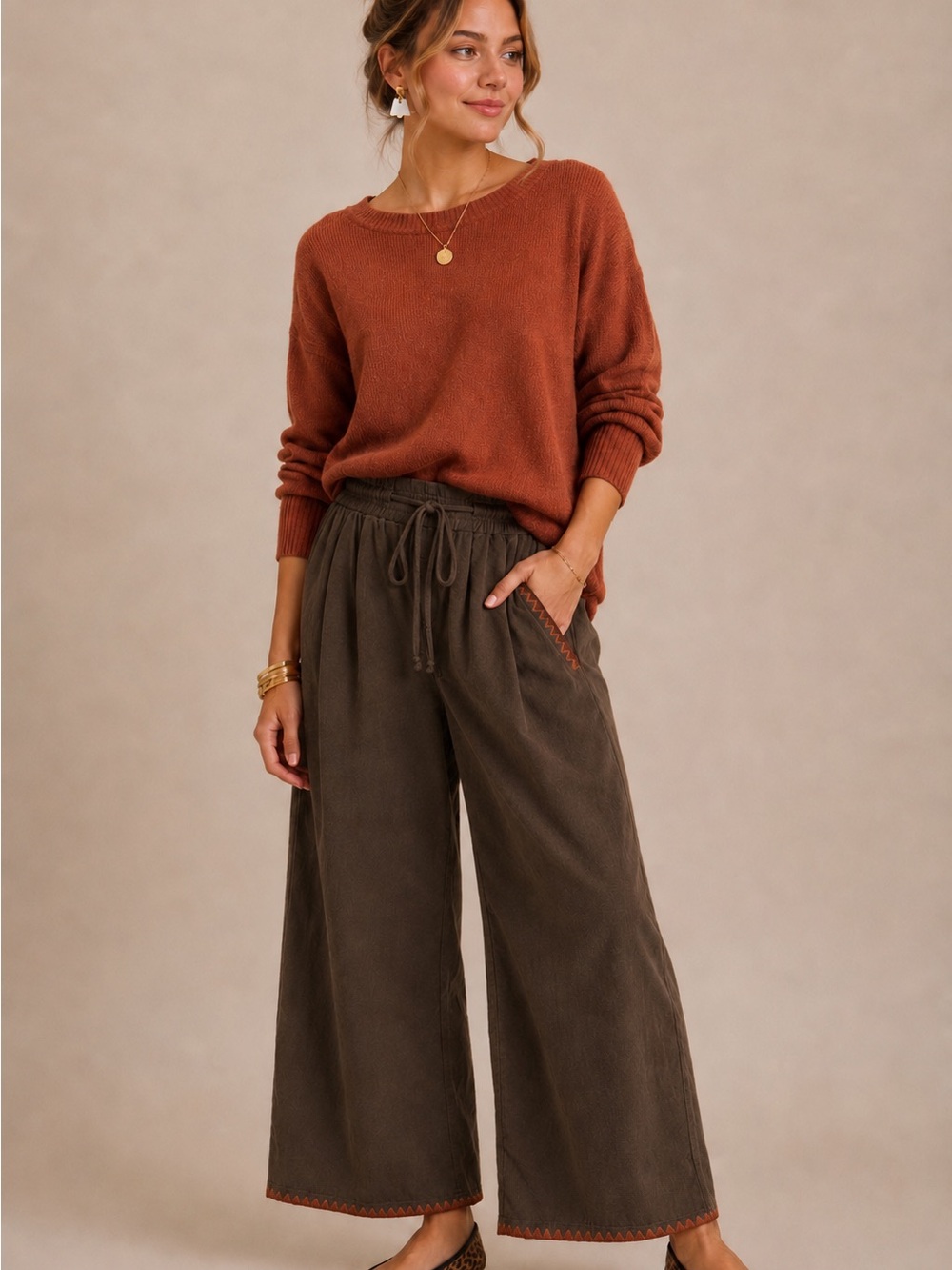 Olive Corduroy Wide Leg Pants with Rust Topstitch & Drawstring Waist - Picture 2 of 6